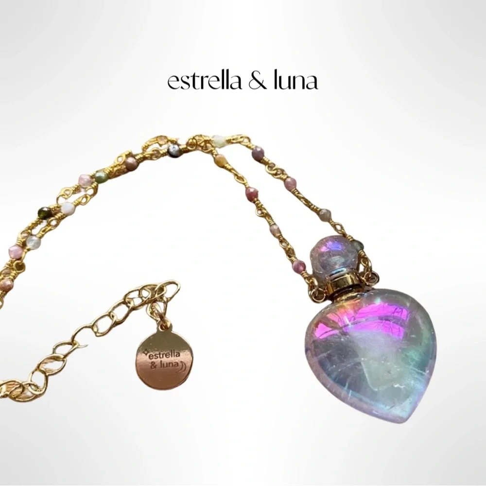 Aura Quartz Crystal bottle Necklace 18K Gold Plated Brass Rosary Chain New in bx - Picture 4 of 10